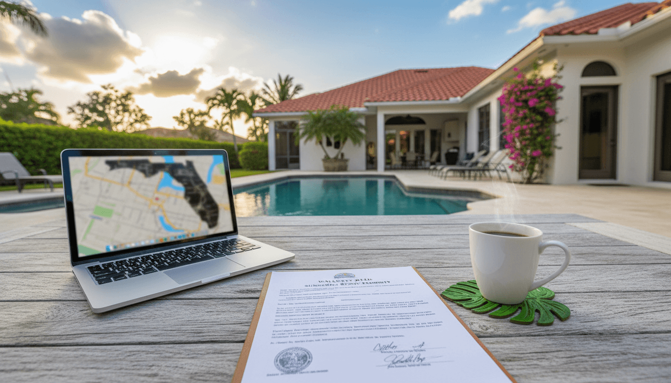 Florida house with a deed document, laptop, and coffee for an out-of-state owner on a table