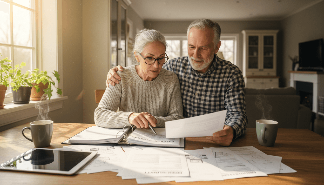 Older couple reviewing property documents at a kitchen table