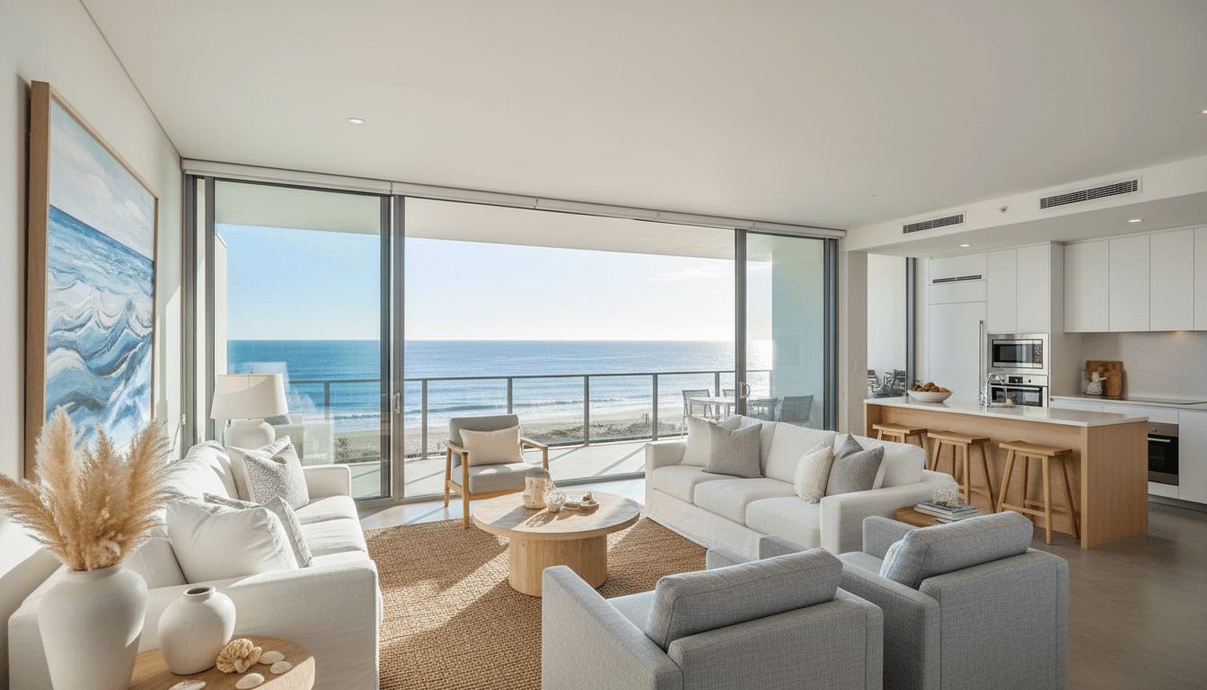 Modern beachfront condo with ocean view through sliding glass doors, bright contemporary interior with comfortable seating and private balcony