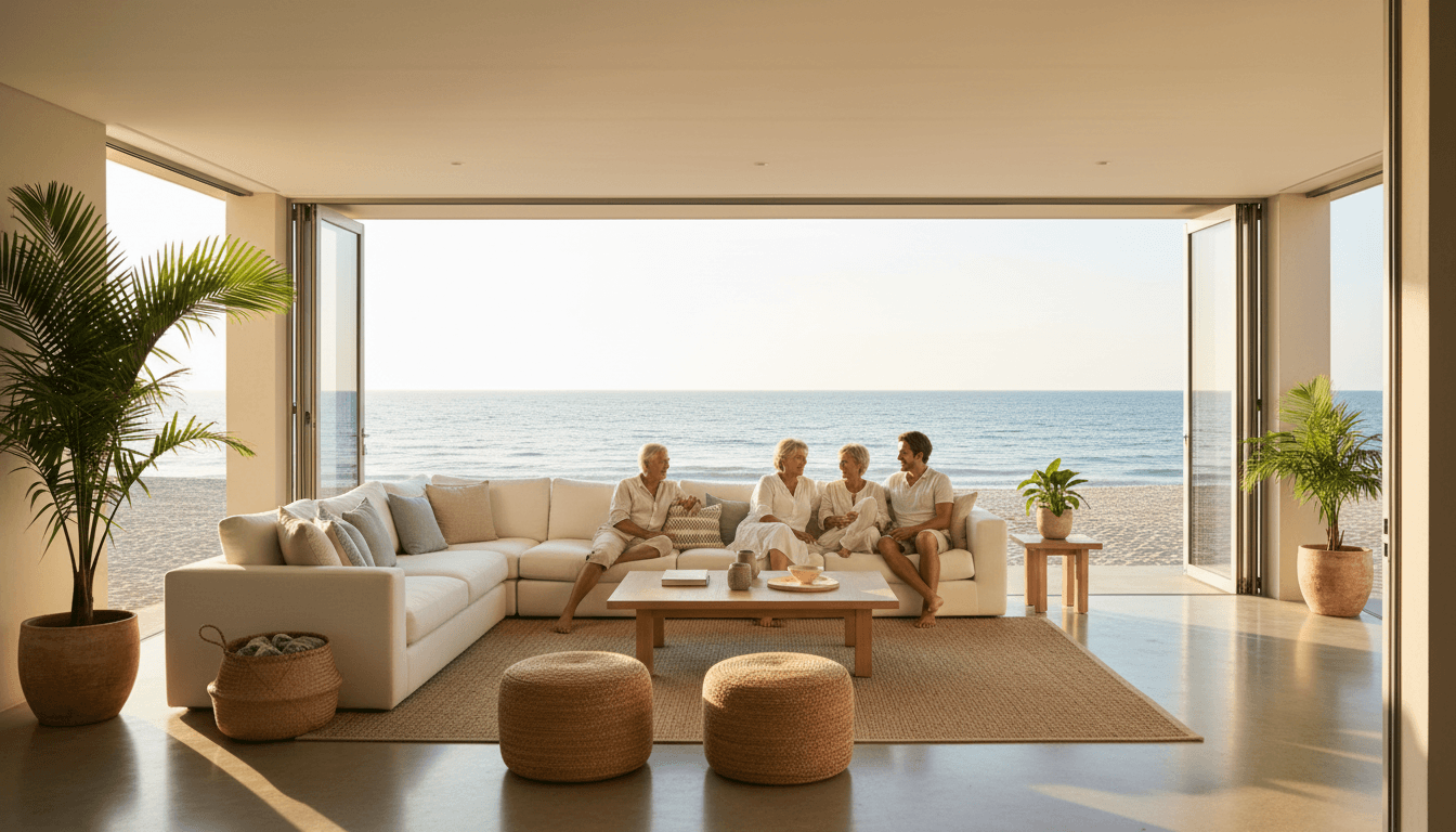 Bright beachfront villa interior with family relaxing on sectoral sofa, ocean view through glass doors, golden hour sunlight
