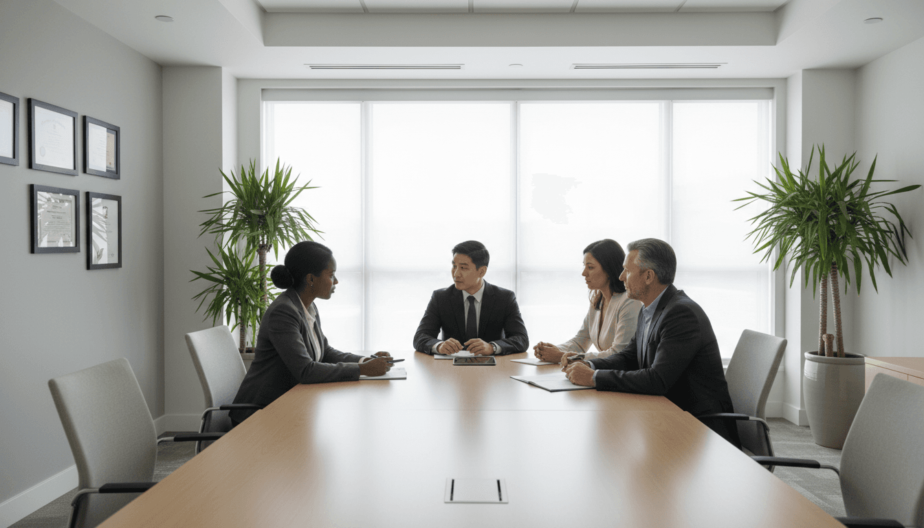 Professional legal team and clients engaged in consultation meeting in modern, bright conference room with natural lighting