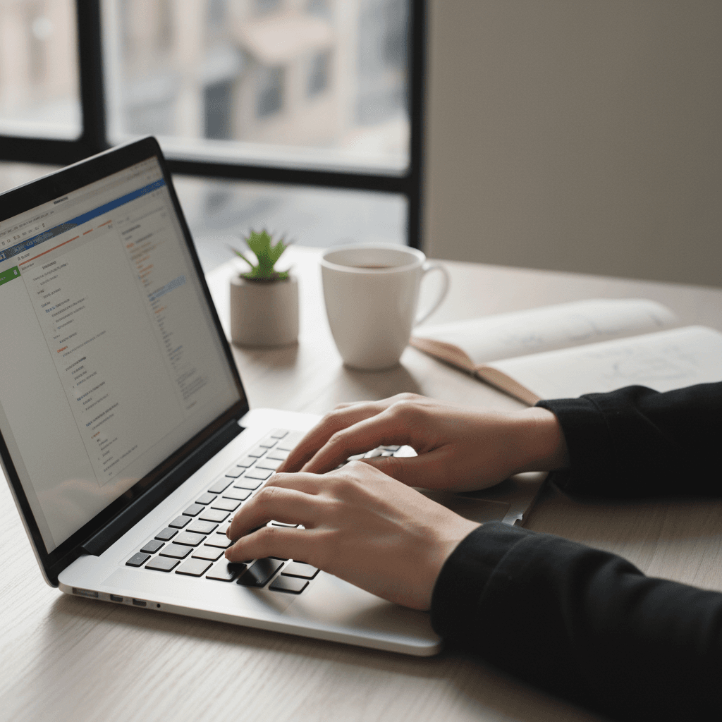 Person's hands on a laptop with a notepad nearby, preparing a form