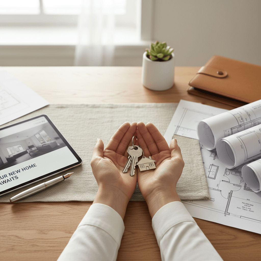 Real estate agent's hands presenting property keys on desk with floor plans and tablet showing listings in natural light
