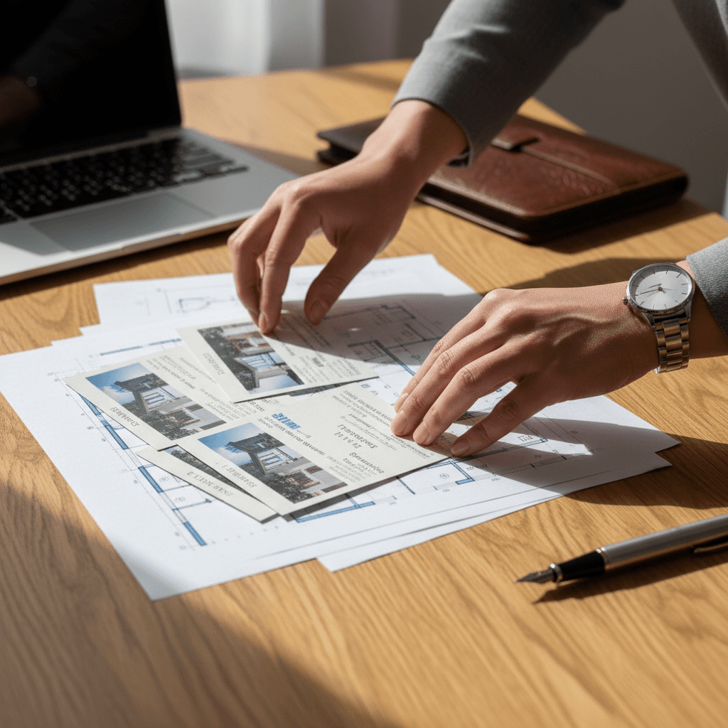 Hand holding a pen over a real estate document on a wooden desk