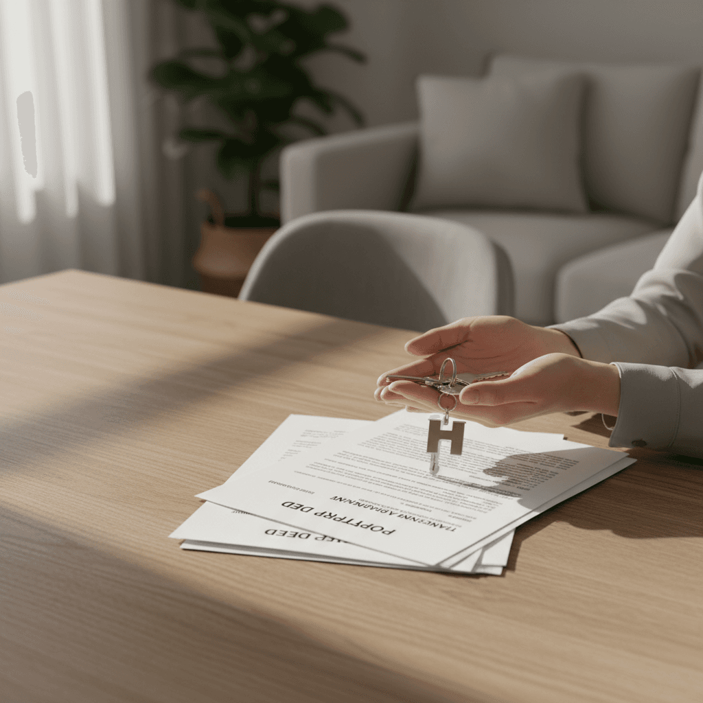 Two hands exchanging a deed document across a kitchen table